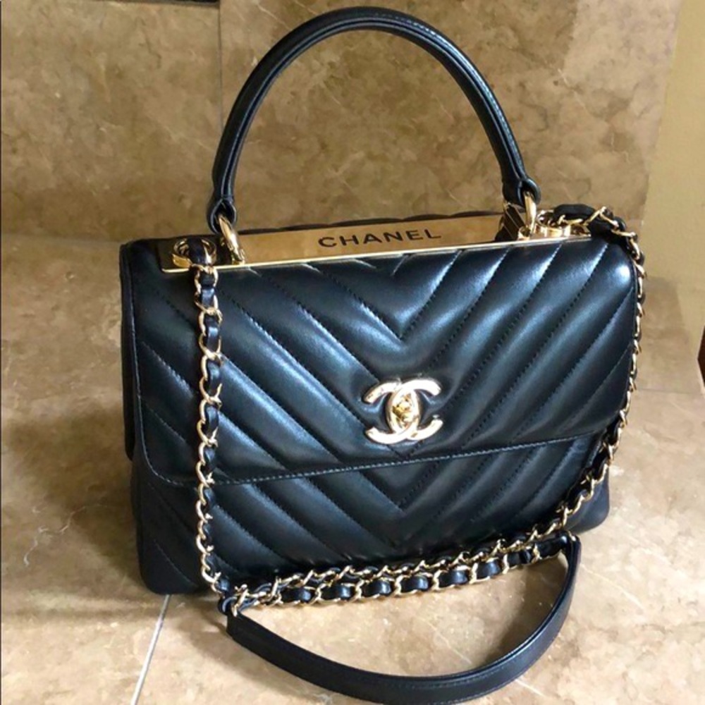 BNWT CHANEL Top Trendy CC Top Handle Flap Bag Small Black Chevron Lambskin w COA